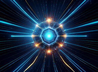 Fototapeta premium A glowing geometric shape surrounded by beams of light.