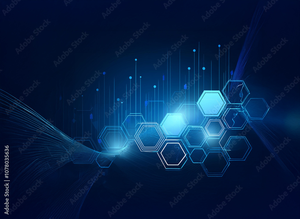 Poster abstract digital background featuring a hexagonal grid and a wavy line on a dark blue background.