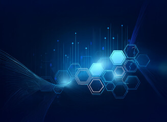 Abstract digital background featuring a hexagonal grid and a wavy line on a dark blue background.
