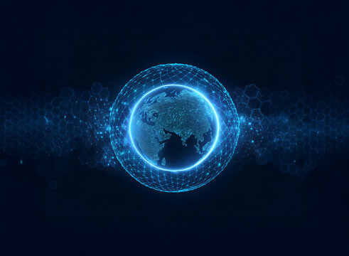 A glowing blue globe surrounded by a ring of light and a background of blue hexagonal patterns. - Powered by Adobe