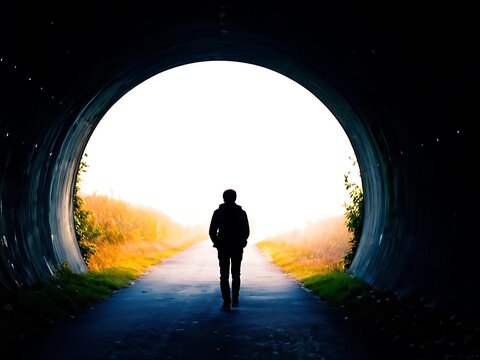Emerging from Darkness: A Person Standing at the End of a Tunnel Toward a Radiant Sunrise, Symbolizing Triumph Over Adversity