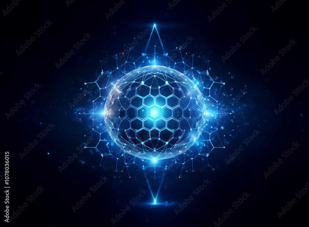 Poster a glowing blue sphere with a hexagonal pattern is surrounded by a network of lines and points, creat