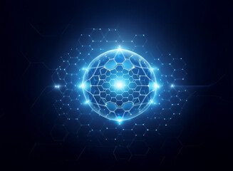 A glowing blue sphere with hexagonal patterns and intricate lines against a dark background.