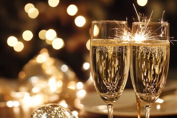 New Year's celebration scene with sparklers and room for copy in the empty sky,