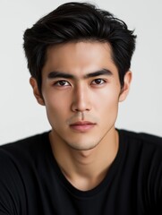 Naklejka premium Captivating young man poses confidently with striking facial features and expressive eyes