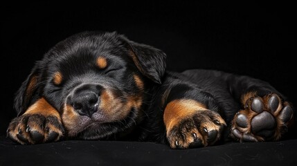 Fototapeta premium A sleeping Rottweiler puppy resting peacefully on a dark background.