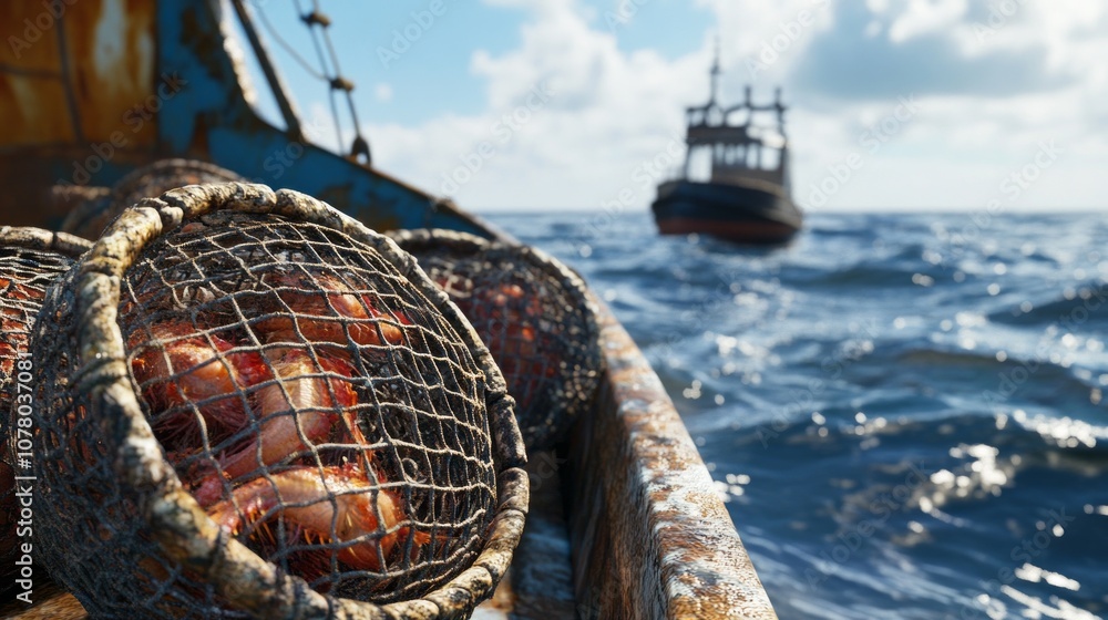 Poster a boat is in the water with a net full of fish