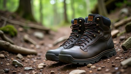 Boots on rocky terrain for mountaineering. Brown hiking boots on a forest trail, surrounded by rocks and greenery, under sunlight filtering through the trees.