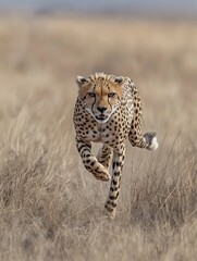 Cheetah hunts swiftly across the golden savannah grassland in search of prey