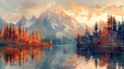 Naklejka premium Serene mountain landscape with autumn trees reflected in calm water.