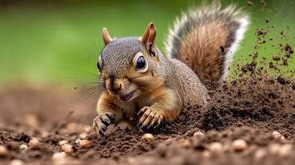 A squirrel digging in the dirt, searching for food. © SAQUEEN