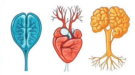 A cartoon illustration of the brain, heart, and lungs as trees.