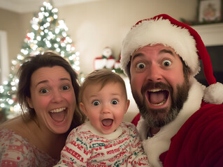 A happy family celebrates Christmas with Santa Claus, exchanging gifts and enjoying the winter holiday