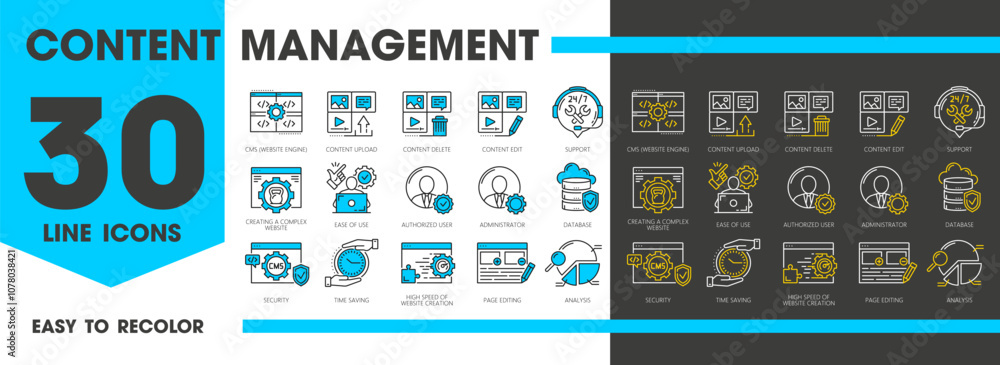 Leinwandbilder cms symbols, content management system icons. website engine, content upload, edit and delete, suppo