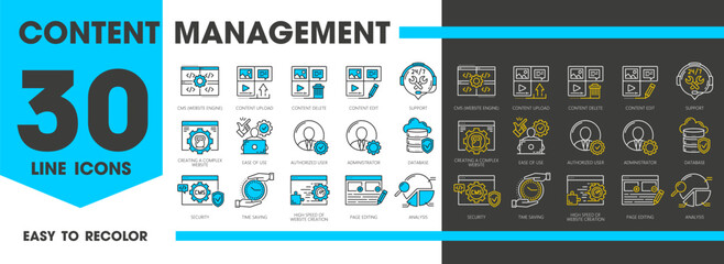 Cms symbols, Content management system icons. Website engine, content upload, edit and delete, support, authorized user and administrator. Database, security or time saving, page editing and analysis