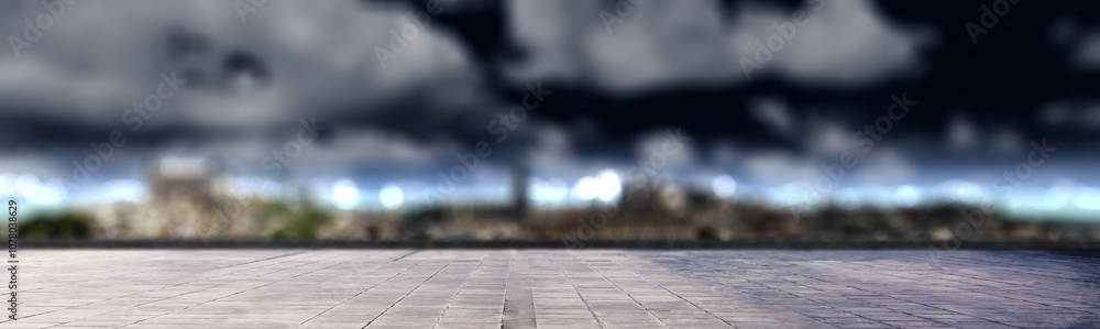 Aufkleber empty rooftop balcony with view of blurred modern building skyscrapers and futuristic architecture