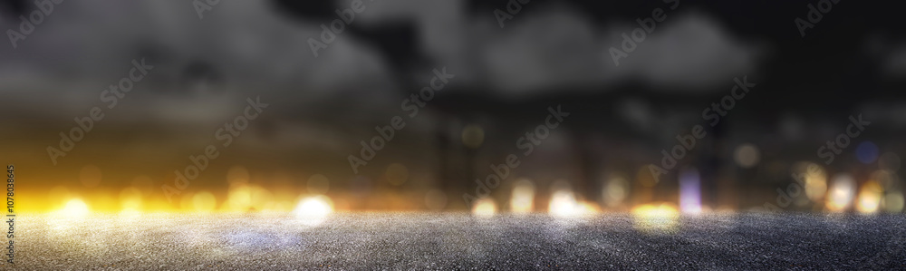 Poster empty asphalt road with view of city with colorful bokeh light background