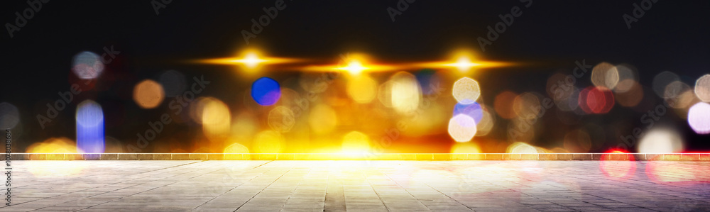 Poster empty rooftop balcony with view colorful bokeh lights background