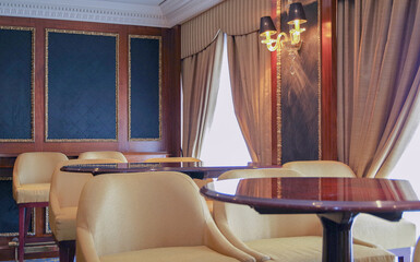 Classic show entertainment lounge onboard small cruiseship cruise ship liner with dancefloor, movie...