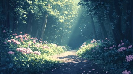Obraz premium A serene forest path illuminated by soft light, surrounded by blooming flowers.