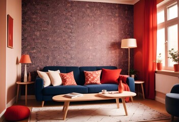 Scandinavian living room interior design zoom background,Doodle patterned wallpaper graphics