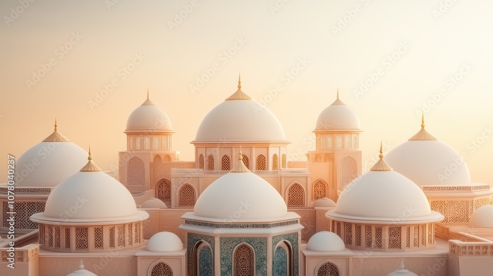 Poster a serene view of intricately designed domes under soft sunlight, showcasing elegant architecture and