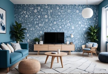 Scandinavian living room interior design zoom background,Doodle patterned wallpaper graphics