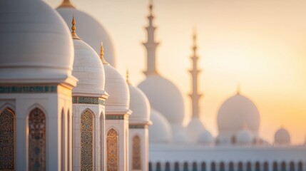 Fototapeta premium A serene view of ornate domes and minarets at sunset, showcasing architectural beauty and cultural significance.