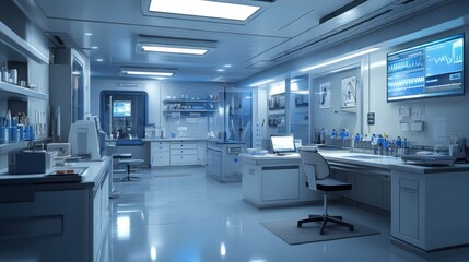 A modern laboratory filled with scientific equipment and workstations for research and analysis.