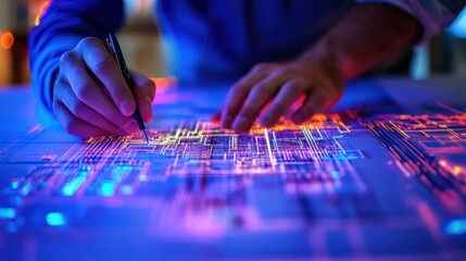 Naklejka premium Technologist Working with Futuristic Interface