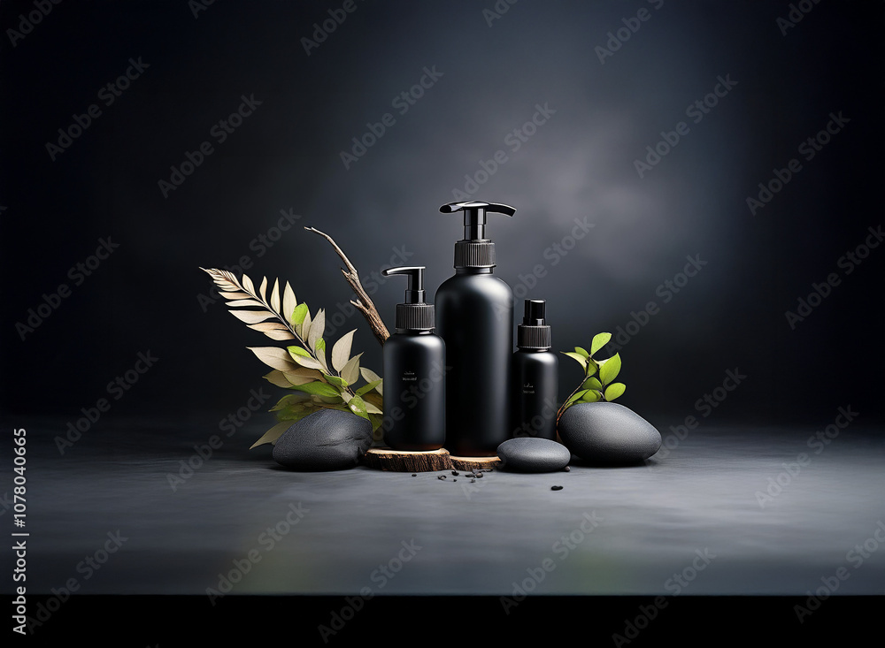 Poster a black background with three black bottles, two green leaves, and three smooth, gray stones with a 