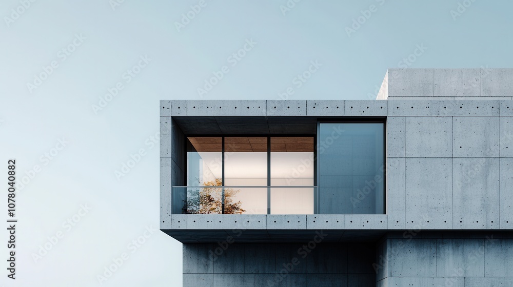 Poster a modern concrete building features a sleek balcony with large windows, showcasing minimalistic desi