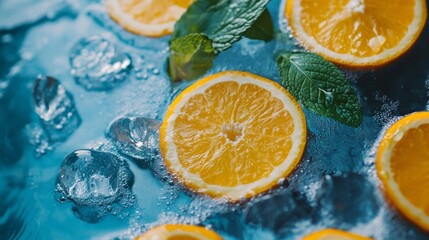 Bright orange citrus slices and fresh mint leaves float atop clear ice cubes in a vibrant blue drink, creating a refreshing summer beverage