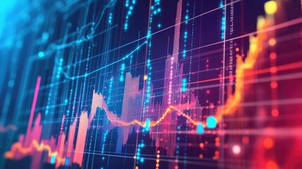 Fototapeta premium A close-up of a digital screen displaying a colorful graph with lines and dots, representing data, trends, or fluctuations.