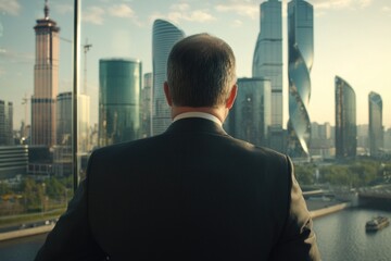 Fototapeta premium Business leader analyzes urban landscape from high-rise office window to drive strategic decision-making