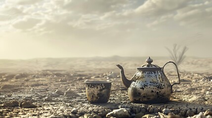 Islamic kettle in a barren setting with a mug during ramadan