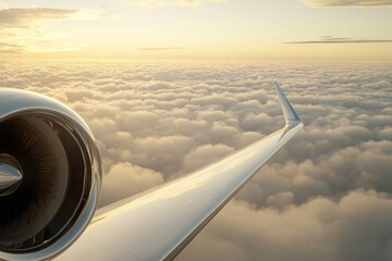 Experience tranquility as you soar above the clouds in a private jet at sunset