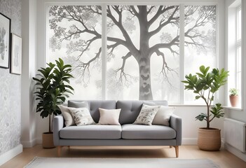 Scandinavian living room interior design zoom background,Doodle patterned wallpaper graphics