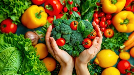 Close-up hands hold Fresh and vibrant vegetables showcasing healthy eating and organic farming Perfect for wellness and culinary themes