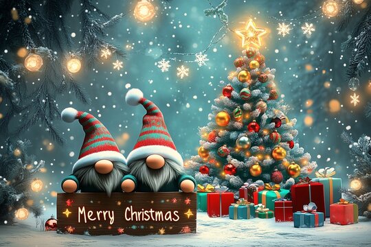 Weihnachtsgnome w&uuml;nschen MERRY CHRISTMAS, s&uuml;sse Weihnachtswichtel mit roten Zipfelm&uuml;tzen in festlicher Umgebung w&uuml;nschen Frohe Weihnachten, Weihnachtskarte, Grusskarte