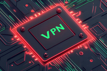 A close-up view of a glowing VPN chip on a dark circuit board.