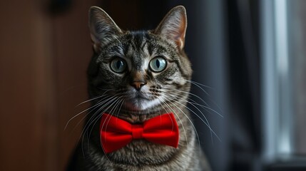 Isolated cat with a red bow tie