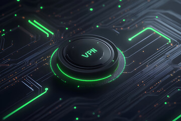 A vibrant green and black circular VPN button.