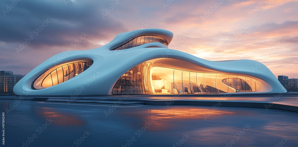 Poster A modern, white, curved building with large windows. The building is lit up from the inside and it appears to be sitting on a body of water at dusk.