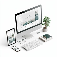 Desktop with computer, tablet, phone, keyboard, plant