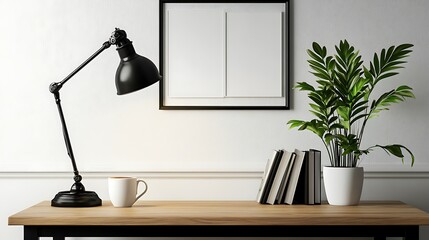 Minimalist Desk with a Plant and Lamp