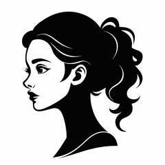 Stylized black silhouette of a young woman's face in profile view, showcasing elegance and femininity. Perfect for design and art projects
