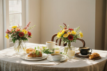 A cozy breakfast table set with coffee, croissants