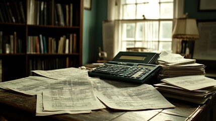 A cluttered desk with papers and a calculator, suggesting accounting or financial work.