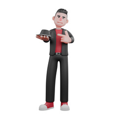 3D Cartoon Choreographer. A male choreographer stands with his right hand carrying a caplin hat and his left hand pointing at the hat. Animated Dance Creator